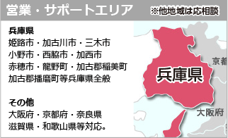 営業・サポートエリア　兵庫県：姫路市・加古川市・三木市・小野市・西脇市・加西市・赤穂市・龍野町・加古郡稲美町・加古郡播磨町等兵庫県全般　その他：大阪府・京都府・奈良県・滋賀県・和歌山県等対応